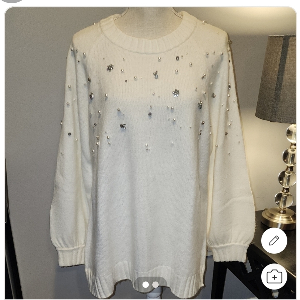 Karl Lagerfeld Elegant Cream Embellished Sweater Size XL PTP 23in Length 28in - Picture 3 of 9